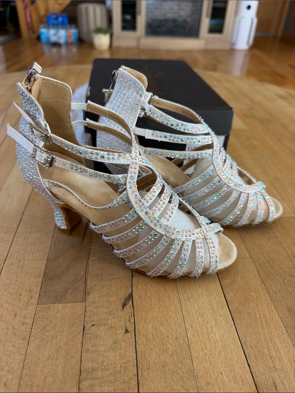 Iridescent Strappy Heels with Rhinestone Accents - White